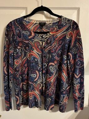 Talbots Navy Paisley Button-Up Cardigan with Red & Cream Accents